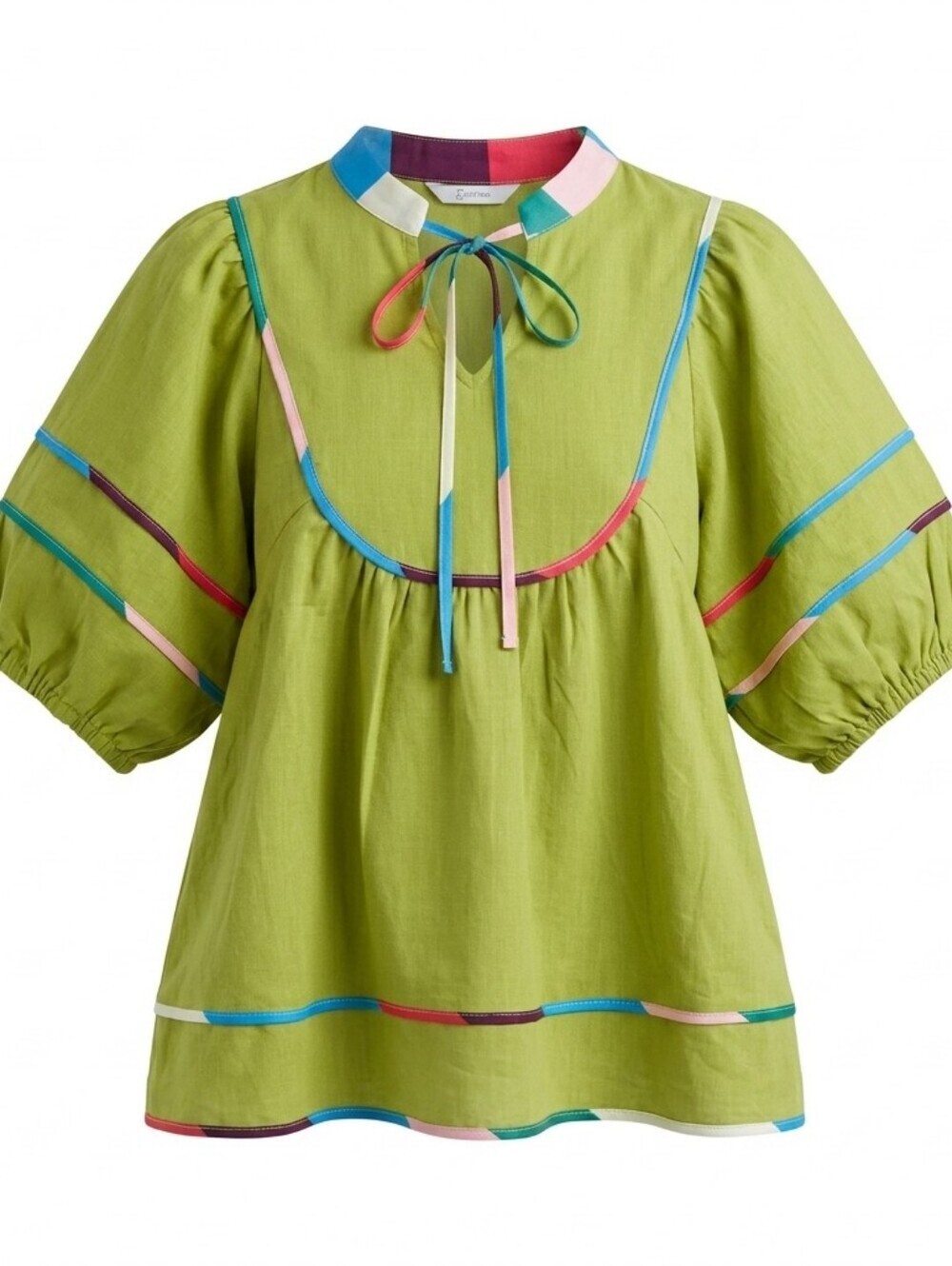 Cicy Bell Olive Multicolor Trim Puff Sleeves Babydoll Blouse Peasant Top Sz.S